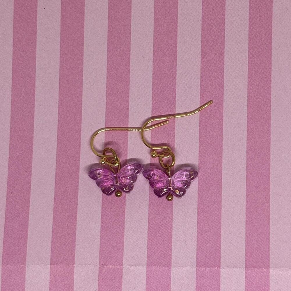 Handmade Purple Butterfly Dangle Earrings Gold Hook Y2K Fairycore